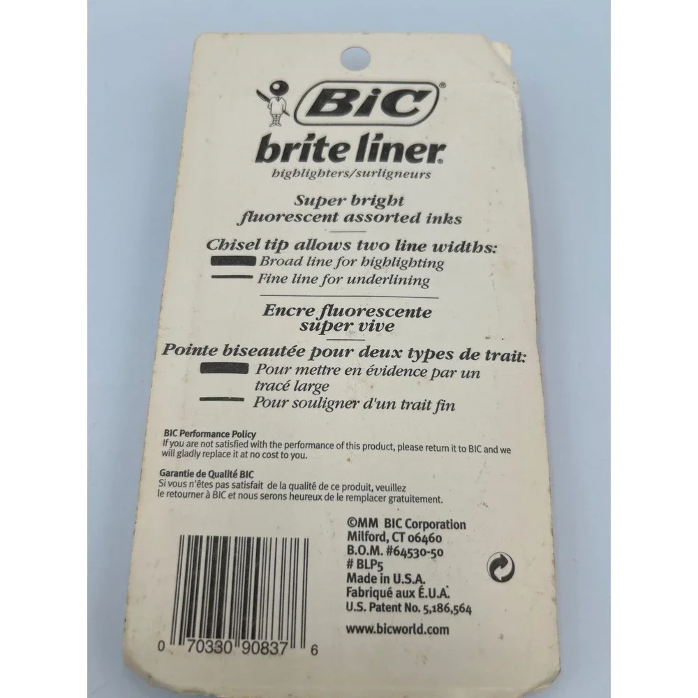 Vintage‎ BIC Brite Liner Highlighters 5 Pack Plus Free Pen New 1991 Made in USA